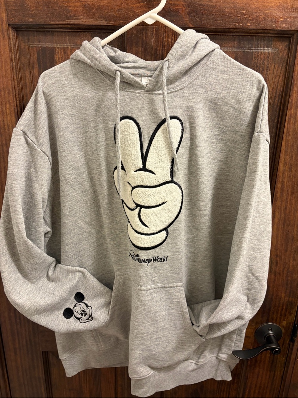 Disney Men’s Light Gray Hoodie with White Peace-Hand Graphic